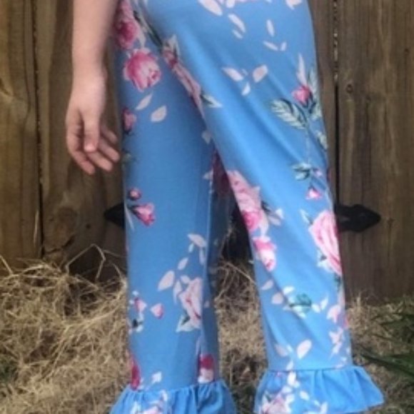 Blue Floral Print Ruffle Pants - Picture 3 of 3